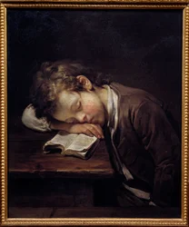 El pequeño perezoso. Retrato de un niño que se quedó dormido sobre su libro. Pintura de Jean Baptiste Greuze (1725-1805)