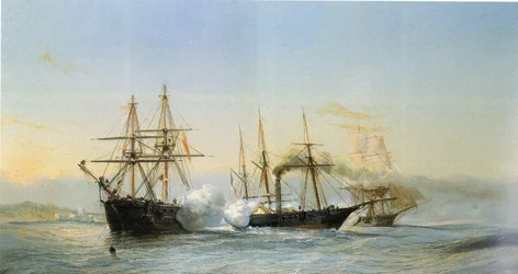 Combate naval frente a la costa marroquí entre dos bergantines marroquíes y una corbeta de ruedas francesa con ocasión del bombardeo de Mogador por la escuadra francesa en 1844.