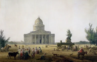 Vista del Panteón en París con un carruaje que lleva una estatua de Jean-Jacques Rousseau (1712-78), c.1792