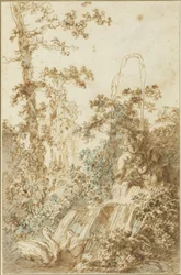 Capricho con fuente y cisnes juguetones