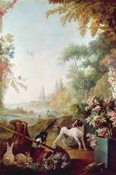 Dos conejos, una urraca y un perro, del Salón de Gilles Demarteau