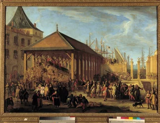 Jean Baptiste Colbert (1651-1690) Marqués de Seignelay y Louis Victor de Rochechouart, Duque de Mortemart y Vivonne (1636-1688), visitando la Galera Real