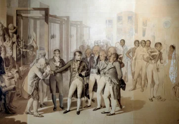 Napoleón Bonaparte visitando la fábrica de terciopelo de los hermanos Sevene en Rouen