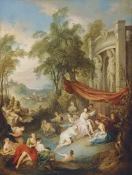 Ninfas bañándose en una piscina junto a una logia