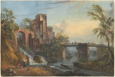 Paisaje al amanecer con ruinas clásicas