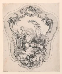 Panel rococó, con escena de una pastora