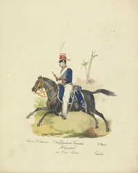 Húsar del ejército de las Indias Orientales Holandesas, 1820-1825 Kavalerie Hussaar holandesa de las Indias Orientales (título sobre el objeto) Trajes militares del Reino de los Países Bajos. Dedicado a Su Excelencia Willem van Bylandt (título de la serie 