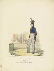 Oficial de artillería, 1820-1825; Ejército neerlandés, oficial de artillería de la Milicia Nacional (título en el objeto); Uniformes militares del Reino de los Países Bajos. Dedicado a Su Excelencia Willem van Bylandt (título de la serie en el objeto)