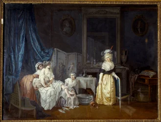 El tocador Una joven con la ayuda de sus doncellas está a punto de bañarse. Pintura de Jean Baptiste Mallet