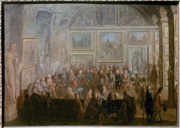 Reunión de la Academia de Pintura y Escultura en el Salón de Diana en el Louvre. Pintura de Jean-Baptiste Martin le Vieux