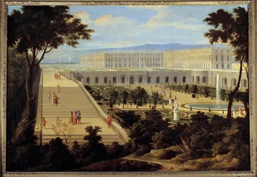 Vista de la Orangerie, las escaleras de las Cent-Marches y el palacio de Versalles hacia 1695. Pintura atribuida a Jean-Baptiste Martin el Viejo (1659 - 1735). 1695. Sol. 1,15 x 1,65 m