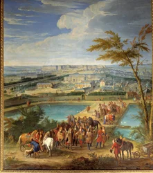 Vista de la ciudad y el castillo de Versalles desde la colina de Montbauron, Luis XIV y François Michel le Tellier, Marqués de Louvois visitan los nuevos depósitos