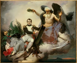 Napoleón I es coronado por el Tiempo y escribe el Código Civil. La alegoría del Tiempo, bajo la apariencia de un viejo ángel, corona a Napoleón Bonaparte (1769-1821) en el momento en que revisaba su código de leyes conocido como Código Napoleónico