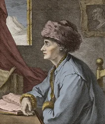 Jean Jacques Rousseau Escritor y filósofo francés en Neufchatel en 1765 grabado por J.B. Michel - Portrait de Jean-Jacques Rousseau (Jean Jacques) a Neuf Chatel en 1765 grabado por J.B. Michel