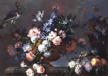 Naturaleza muerta de frutas y flores con pájaros