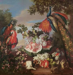 Frutas y aves exóticas en un paisaje