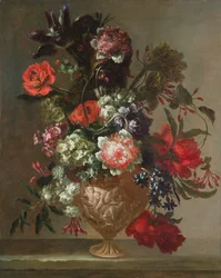 Bodegón de flores en un jarrón esculpido