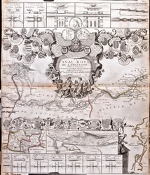 Mapa del Canal du Midi, con sus acueductos (Grabado)