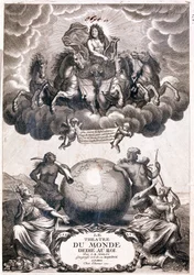 Retrato de Luis XIV, volando sobre un globo terráqueo, página de título (Grabado)