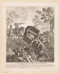 Transportista con caballos cae al agua La Rancune en brancart abbatu dans le bourbier (título sobre objeto) Escenas de Roman Comique de Scarron (título de la serie)