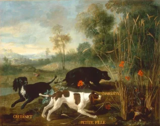Gredinet, niña pequeña y Charlotte, tres spaniels de Lou