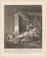 El hombre se despierta sobresaltado por el orinal que se vacía sobre él Lavanture du pot de chambre (título sobre objeto) Escenas de Roman Comique de Scarron (título de la serie)