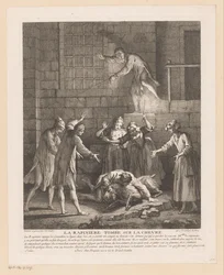Hombre valt bovenop een geit La Rapinière cae sobre la cabra (título sobre objeto) Escenas de Roman Comique van Scarron (título de la serie)