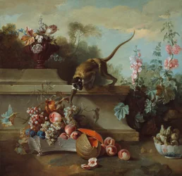 Naturaleza muerta con mono, frutas y flores