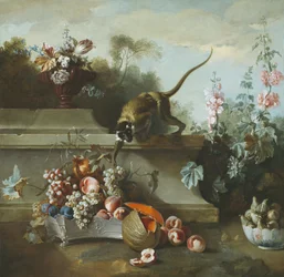 Naturaleza muerta con mono, frutas y flores