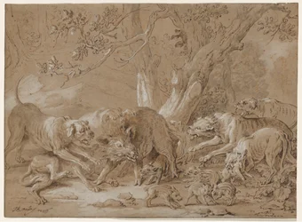 Jabalí salvaje y sus crías atacados por perros, 1748
