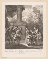 Tejido tejido de Hoed van Ragotin La Rancune le corta el sombrero a Ragotin (título sobre objeto) Escenas de Roman Comique van Scarron (título de la serie)