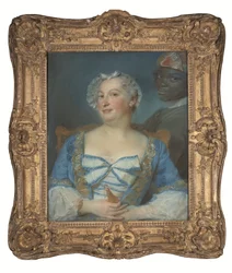 Retrato de una mujer con vestido azul y su sirviente negro