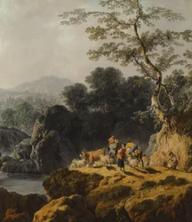 Un paisaje de valle fluvial con pastores y viajeros