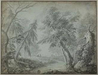 Bosque con arroyo y figuras