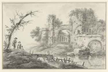 Ruinas junto a un río con dos paisanos
