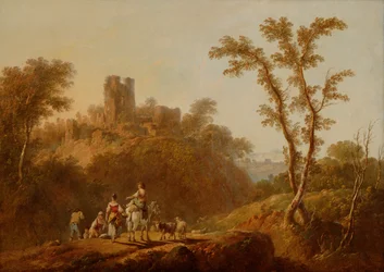 Paisaje montañoso boscoso con campesinos (óleo sobre lienzo)