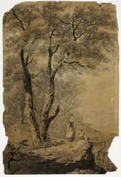 Paisaje arbolado con dos mujeres en primer plano