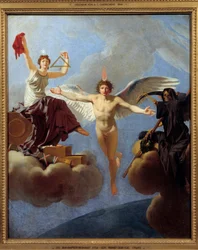 La Libertad o la Muerte. Alegoría de la Libertad a la izquierda, cubierta por el Diadema de la Razón, herencia del Siglo de las Luces. Con su mano izquierda, empuña el escuadrón y el hilo de plomo simbolizando la igualdad en la ciudadanía. Encarnando los v