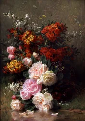 Flores de verano (rosas y geranios). Pintura de Jean Baptiste Robie (1821-1910) Colección particular.