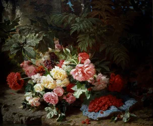 Bodegón de rosas y frambuesas. Pintura de Jean Baptiste Robie (1821-1910) Colección particular.