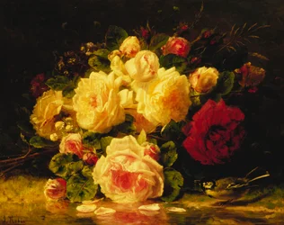 Rosas con un herrerillo azul junto a un arroyo