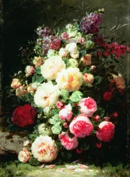 Naturaleza muerta con rosas en un banco cubierto de musgo (óleo sobre panel)