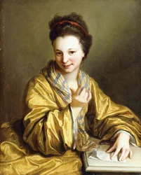 Una joven dama, vestida con una túnica amarilla, sentada en una mesa, llamando, 1703