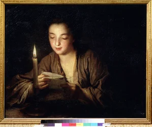 Muchacha con una vela. Pintura de Jean Baptiste Santerre (1658-1717). 64 x 79 cm, hacia 1700. Arte francés del siglo XVIII. Museo Pushkin de Bellas Artes, Moscú.