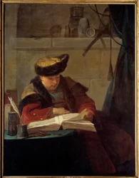 Un químico en su laboratorio o un filósofo ocupa su lectura. Retrato del pintor Jacques Andre Joseph Ave, conocido como el Camelot o Avet le Batave