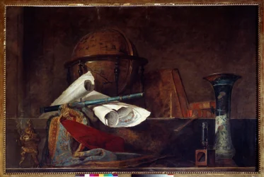 Alegoría de la ciencia. Naturaleza muerta, globo, mapas geográficos, libros y jarrón. París, Museo Jacquemart André