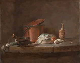 Utensilios de cocina con puerros, pescado y huevos, c. 1734