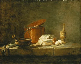 Puerros, una cazuela, una olla de cobre con tapa, una rebanada de pescado, una cebolla y dos huevos, con un mortero y mano, en un borde, 1734