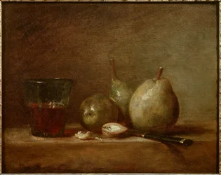Peras, nueces y copa de vino. Naturaleza muerta