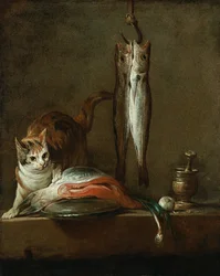 Bodegón con gato y pez